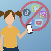 Mädchen mit Smartphone in der Hand und den Apps: Facebook, Instagram, Snapchat, TikTok, YouTube in einem Verbotsschild
