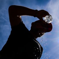 Nordrhein-Westfalen, Düsseldorf: Ein Mann trinkt bei sommerlichen Temperaturen aus einer Wasserflasche und schüttet sich Wasser über sein Gesicht.