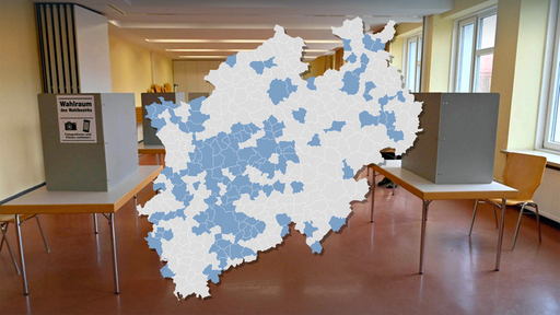 Eine NRW-Karte zeigt die Orte, an denen Stichwahlen stattfinden werden