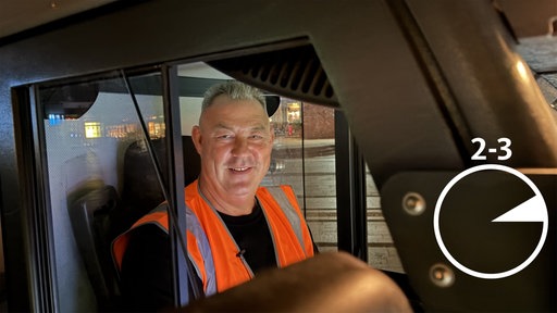 Straßenreiniger Dirk Immig lächelt in seiner orangenen Weste in die Kamera.