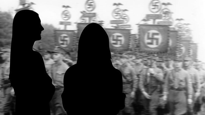 Zwei Silhouetten vor marschierenden Nationalsoziaisten aus dem 2. Weltkrieg.