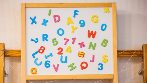 Eine Tafel mit bunten Buchstaben und Zahlen