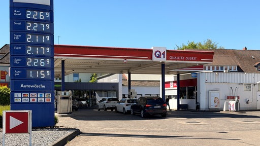 Eine Tanksäule steht vor einer Tankstelle 