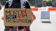 Eine Demonstrierende hält ein handbeschriftetes Pappschild mit der Aufschrift Mord im Tiergarten