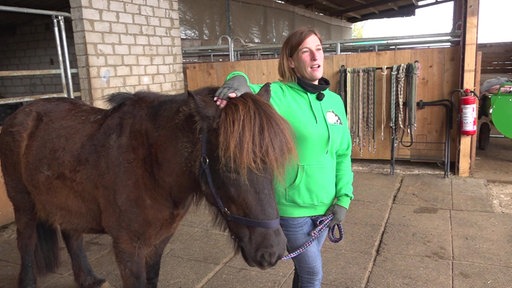 Eine Frau steht mit einem Pferd im Stall