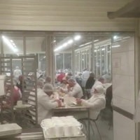 Mehrere Arbeiter sitzen eng beieinander in der Kantine des Fleischherstellers Tönnies.
