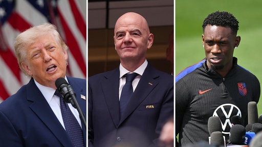 Collage von Donald Trump, Gianni Infantino und Folarin Balogun
