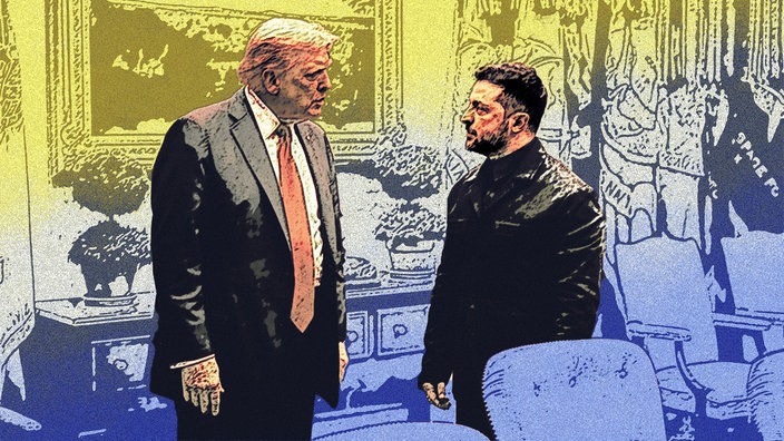 Illustration: Trump und Selenskyj stehen sich gegenüber und unterhalten sich