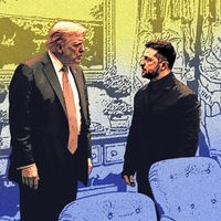Illustration: Trump und Selenskyj stehen sich gegenüber und unterhalten sich