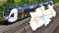 Karte des Schienennahverkehrs in NRW vor einem fahrenden Zug 