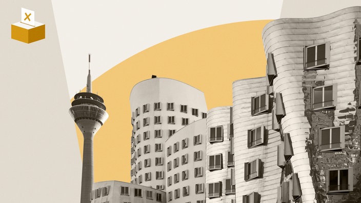 Montage: Grafik mit Wahlurne und Foto vom Düsseldorfer Rheinturm