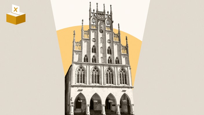 Montage: Grafik mit Wahlurne und Foto vom Rathaus in Münster