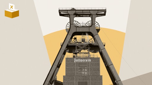 Montage: Grafik mit Wahlurne und Foto vom der Essener Zeche Zollverein