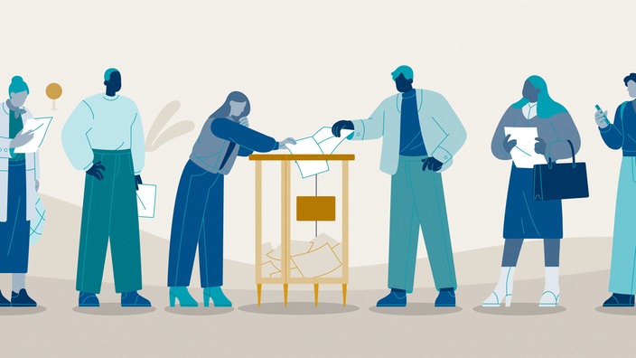 Grafik mit Personen, die Zettel in eine Wahlurne werfen