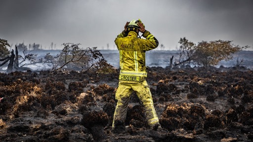 Belgien, Sourbrodt: Ein Feuerwehrmann steht am Brandort im Naturschutzgebiet Hohes Venn.