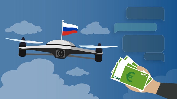 Eine Grafik zeigt eine russiche Drohne und eine Hand die Geld reicht