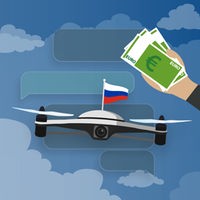 Eine Grafik zeigt eine russiche Drohne und eine Hand die Geld reicht