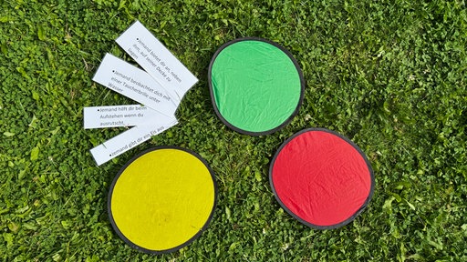 Stoffscheiben auf der Wiese in Grün, Rot und Gelb sowie Papierstreifen mit kurzen Sätzen zu Alltagssituationen.