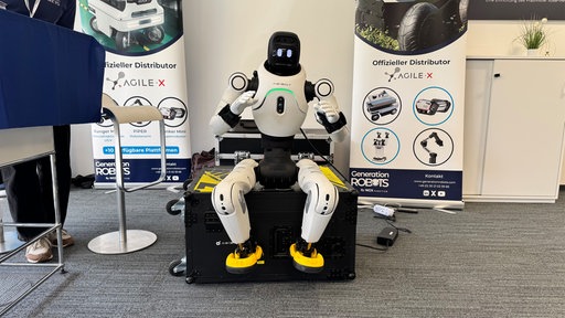 Ein weißer humanoider Roboter sitzt mit angewinkelten Beinen und erhobenen Händen auf einer schwarzen Kiste.