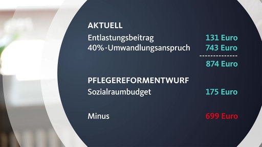 Eine Grafik zum Pflegereformentwurf vergleicht die aktuellen Leistungen mit dem geplanten Sozialraumbudget und zeigt ein Minus von 699 Euro.