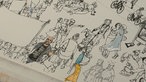 Nahaufnahme einer unfertigen Wimmelbuch-Illustration.