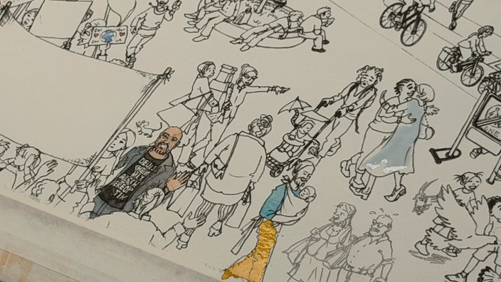 Nahaufnahme einer unfertigen Wimmelbuch-Illustration.