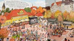 Illustrierte Doppelseite aus dem Bielefelder Wimmelbuch mit einer Szene auf dem Siegfriedplatz.