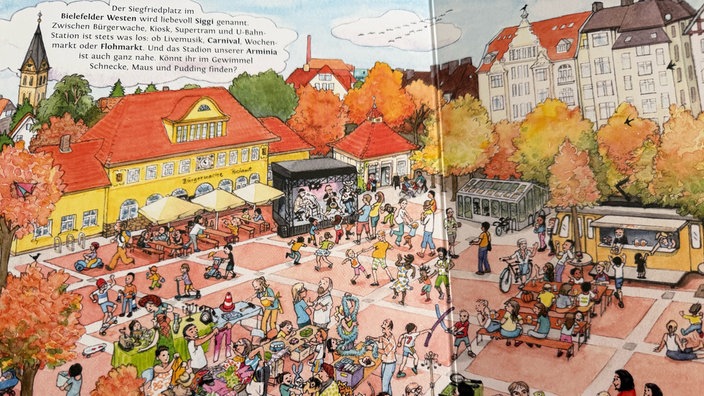 Illustrierte Doppelseite aus dem Bielefelder Wimmelbuch mit einer Szene auf dem Siegfriedplatz.