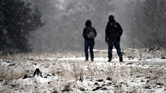 Wanderer gehen auf dem Kahlen Asten durch die Schneelandschaft.