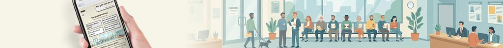 Illustration/Montage: Hand mit Handy im Display die Seite von 'Was geht mich das an- Bürgergeld'