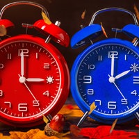 Ein roter und ein blauer Wecker umgeben von Herbstlaub