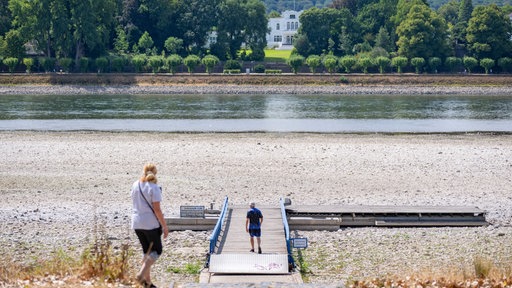 Der Anleger eines Rudervereines gegenüber der Villa Hammerschmidt in Bonn liegt auf dem Trockenen