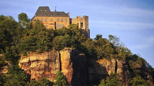 Eine Burg auf einem Berg aus Fels, inmitten von herbstlichen Bäumen. Der Himmel ist blau und die Sonne scheint auf die Burg.