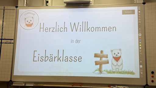 Eine Folie einer Präsentation. Dort steht groß: "Herzlich Willkommen in der Eisbärklasse"