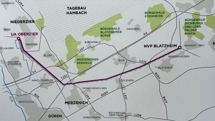 Auf einer Karte ist der geplante Verlauf der Stromtrasse von Oberzier nach Blatzheim eingezeichnet