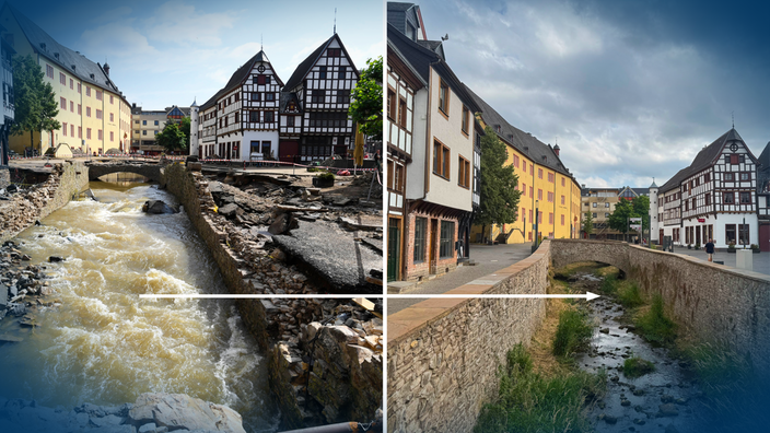 Grafische Aufbereitung einer Vorher-Nachher-Ansicht in Bad Münstereifel: Blick von einer Brücke aus auf Fachwerkhäuser