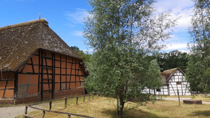 Zwei alte Fachwerkäuser mit Reetdach im Freilichtmuseum Kommern.