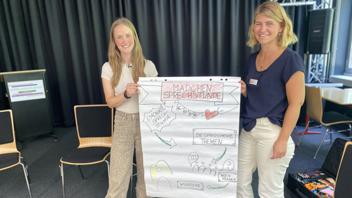 zwei Frauen halten gemeinsam ein Plakat in den Händen