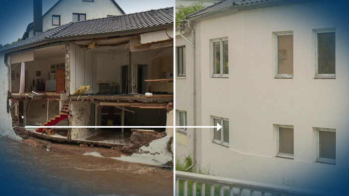 Grafische Aufbereitung einer Vorher-Nachher-Ansicht aus Schleiden: Ein Haus mit komplett zerstörter Hausfassade und der Neubau 5 Jahre später
