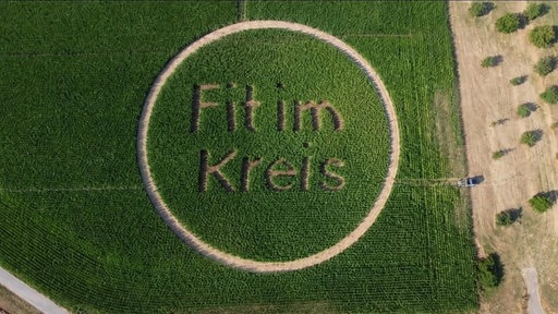 Das Foto zeigt in einer Drohnenaufnahme ein Feld, in das das Motto "Fit im Kreis" dargestellt ist.