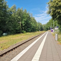 Leerer Bahnsteig in Wegberg an dem ein Gleis entlangführt. Entlang der Strecke stehen viele grüne Bäume. 