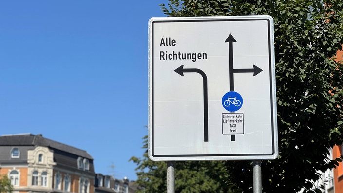 Ein Straßenschild am Aachener Löhergraben vor blauem Himmel zeigt die möglichen Richtungen zum Abbiegen.
