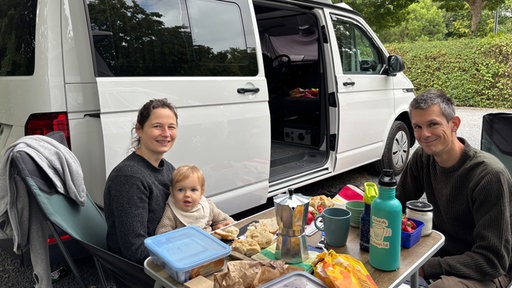 Eine Familie mit einem Kleinkind sitzt an einem Frühstückstisch vor einem Camper