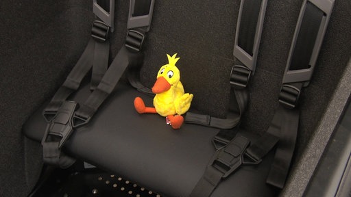 Die Ente aus "Die Sendung mit der Maus" sitzt in einem Lastenrad.