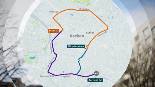 Eine Karte zeigt eine Fahrradstrecke in Aachen.