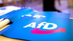Fähnchen mit dem Logo der AfD liegen auf einem Tisch