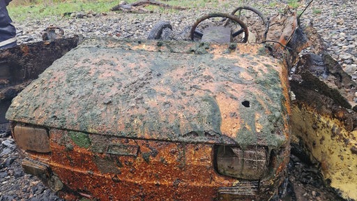Ein verrosteter mit grünen Algen überzogener orangener Fiat steht am Rheinufer.