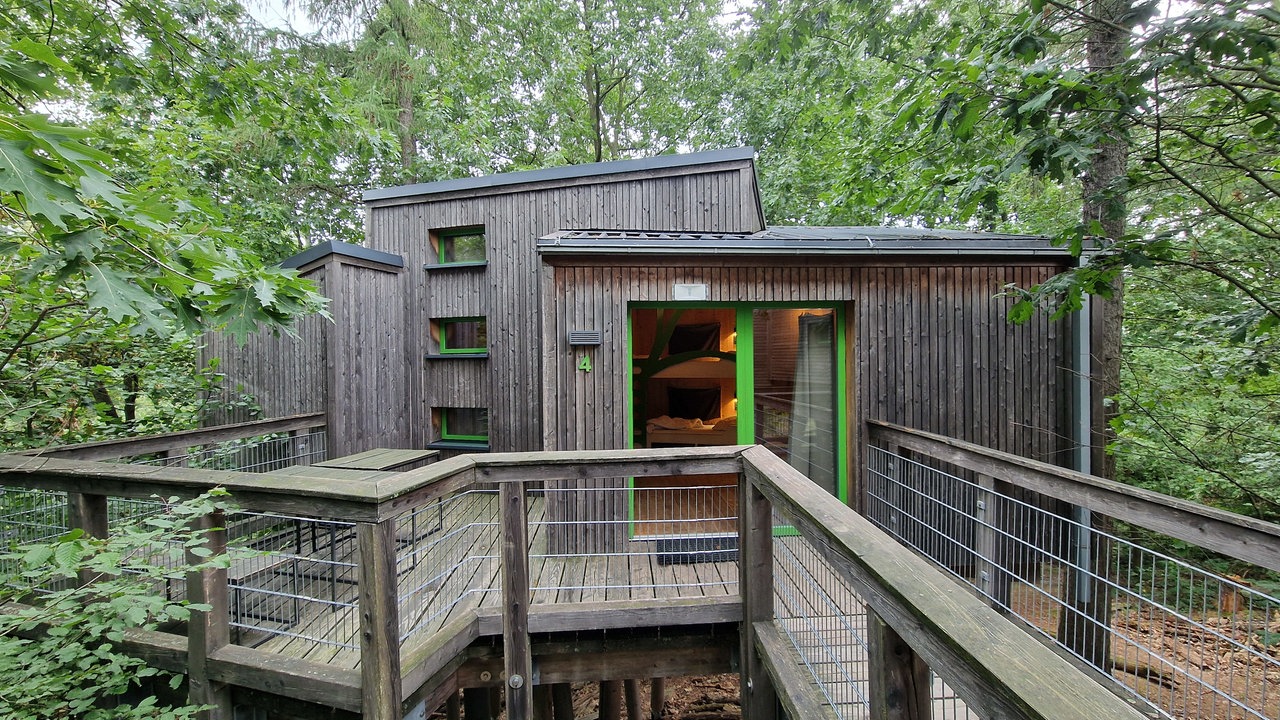 Ein Baumhaus aus Holz mit erleuchtetem Schlafzimmer.