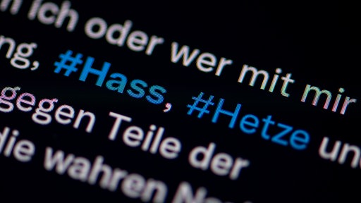 In einem Internetbeitrag werden die Hashtags "Hass" und "Hetze" blau markiert gezeigt.