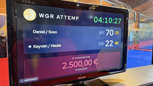Ein Bildschirm auf dem das Zwischenergebnis des Padel-Weltrekordversuchs steht